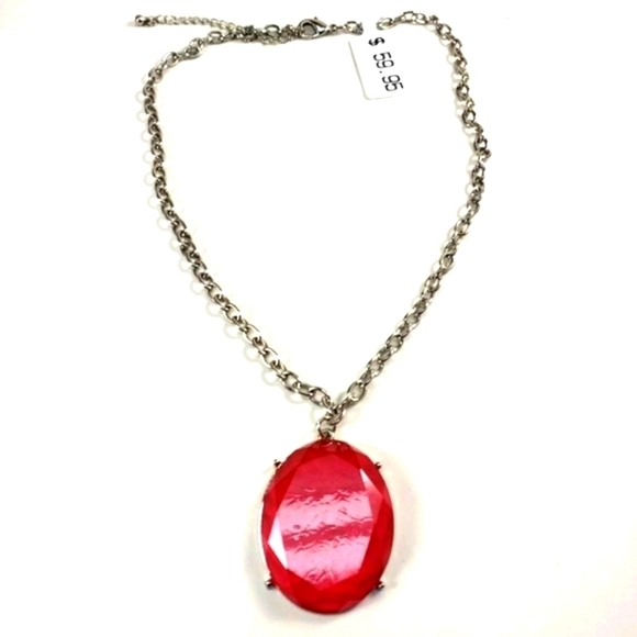 Women's Stunning Silver-tone Necklace with a Big Red Oval Pendant, 18+3.5-inch - Picture 1 of 8